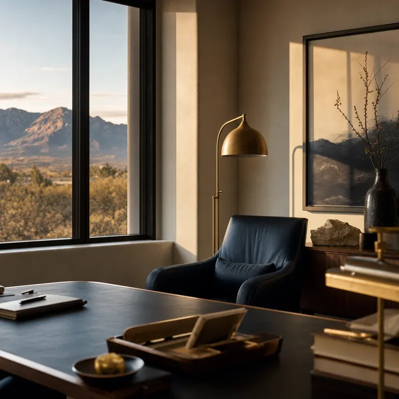 Office corner in warm New Mexico light with navy leather chair and brass lamp