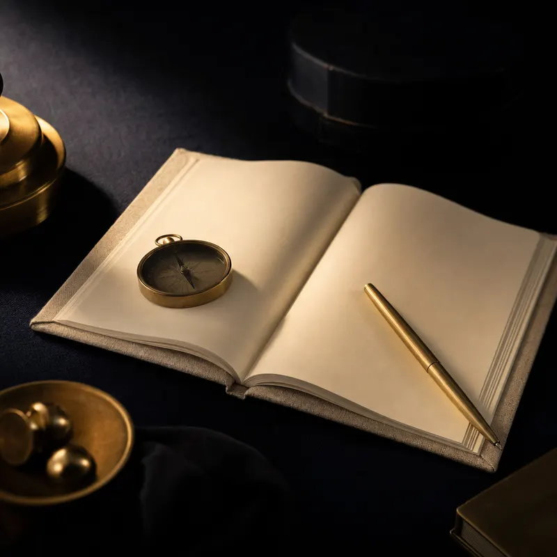 Ivory notebook with brass pen and compass paperweight in warm lamp light