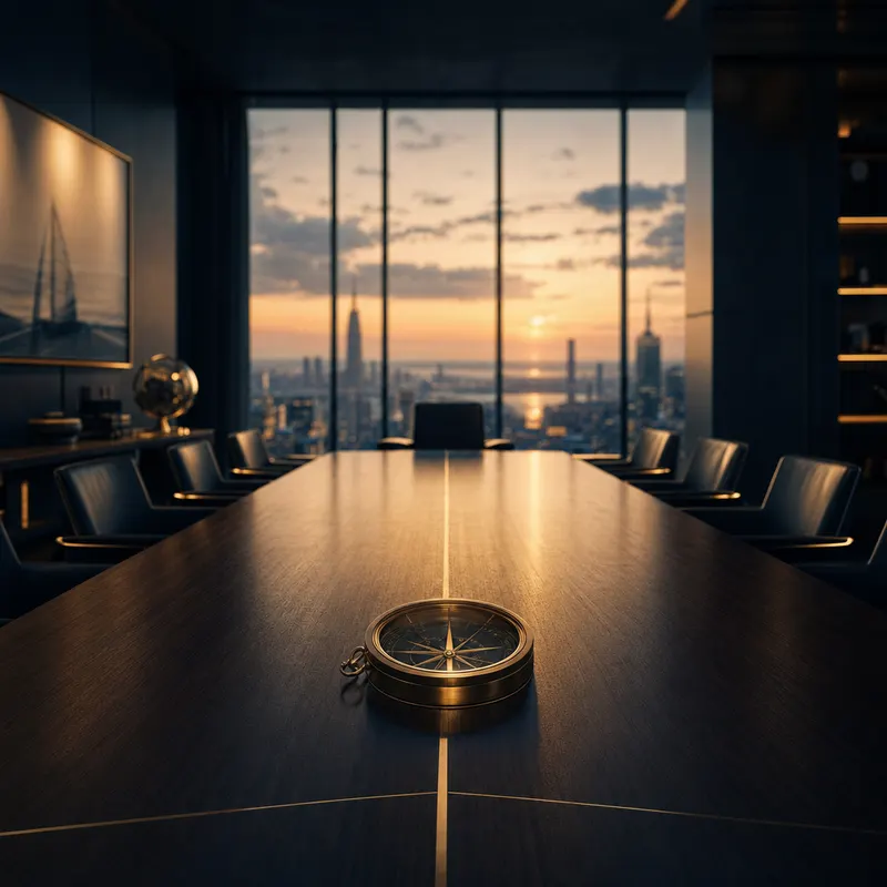 Brass marine compass on a dark boardroom table at dusk, catching warm gold light