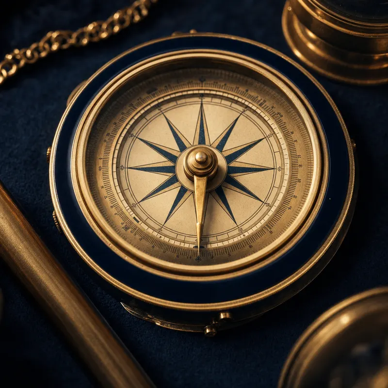 Macro photograph of a brass compass rose instrument with engraved degree ticks