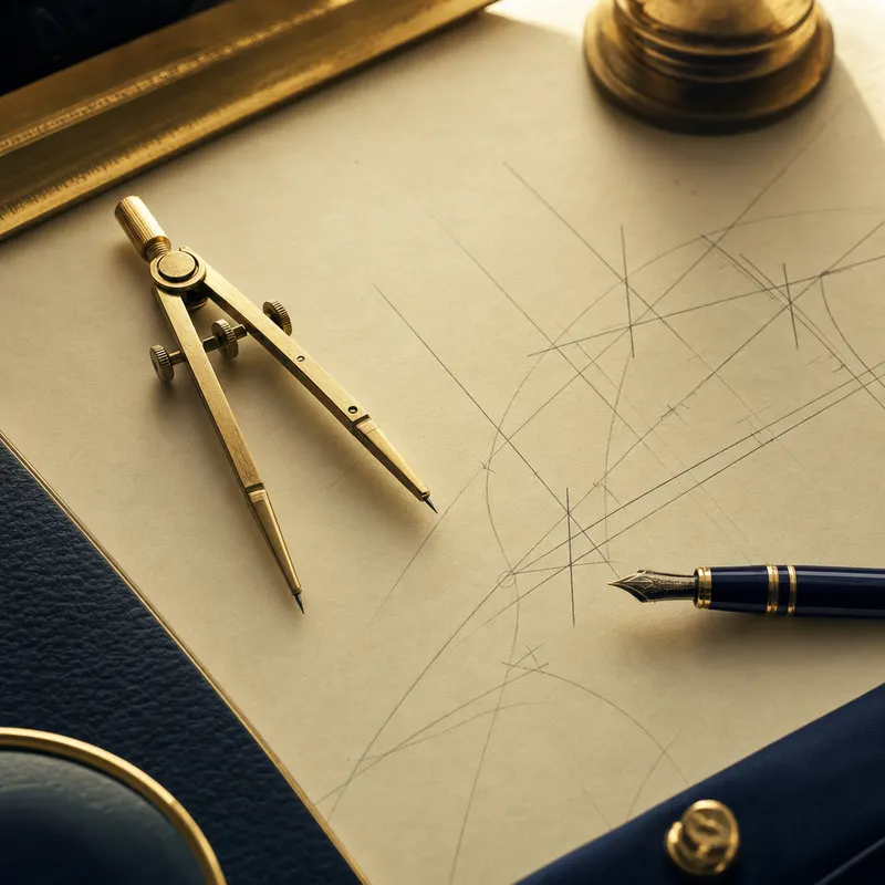 Brass drafting compass and pencil bearing lines on chart paper in warm light